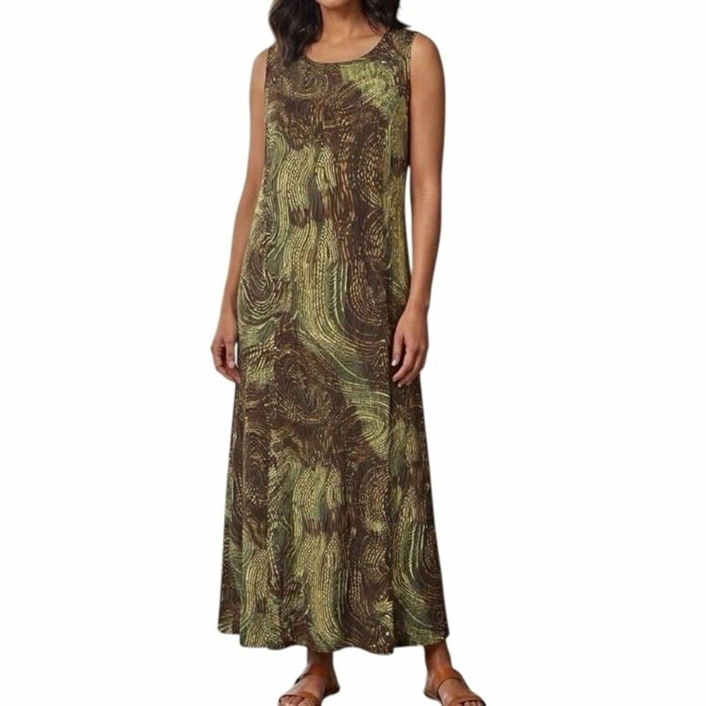 DANNY & NICOLE Brown Green Maxi Dress sz 16 Abstract Print Sleeveless Casual